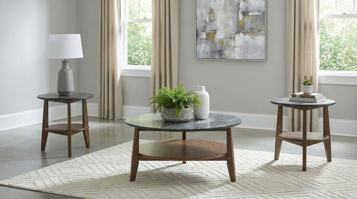 Bradley 3-Piece Round SmartTop™ Coffee Table Set Smokey Grey and Dark Brown