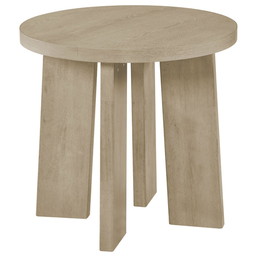 CoasterEveryday Strouse contemporary round end table in natural oak veneer with a sleek, minimalist design