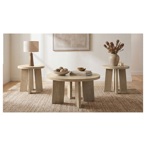 Strouse 3-piece round coffee and end table set by CoasterEveryday in natural oak finish