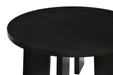 CoasterEveryday Strouse 2-piece round coffee and end table set in black, featuring sleek tabletops and metal frames