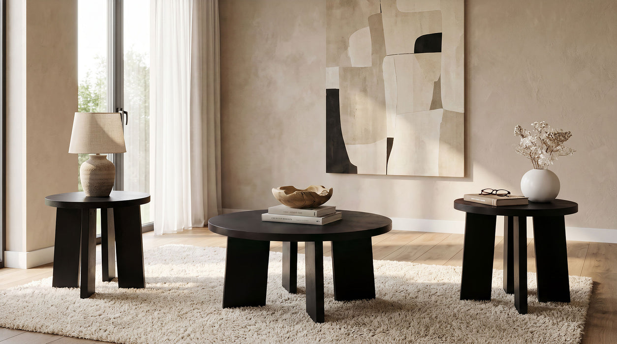 Strouse 3-Piece Round Coffee and End Table Set in Black