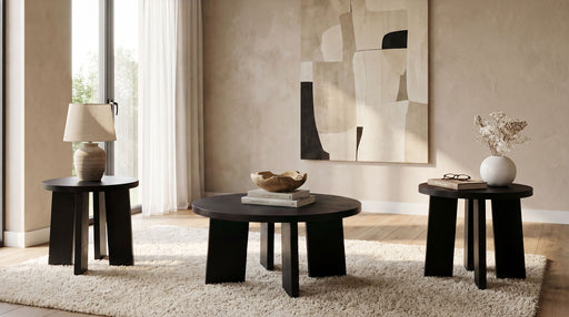 CoasterEveryday Strouse 3-piece round coffee and end table set in black, shown together