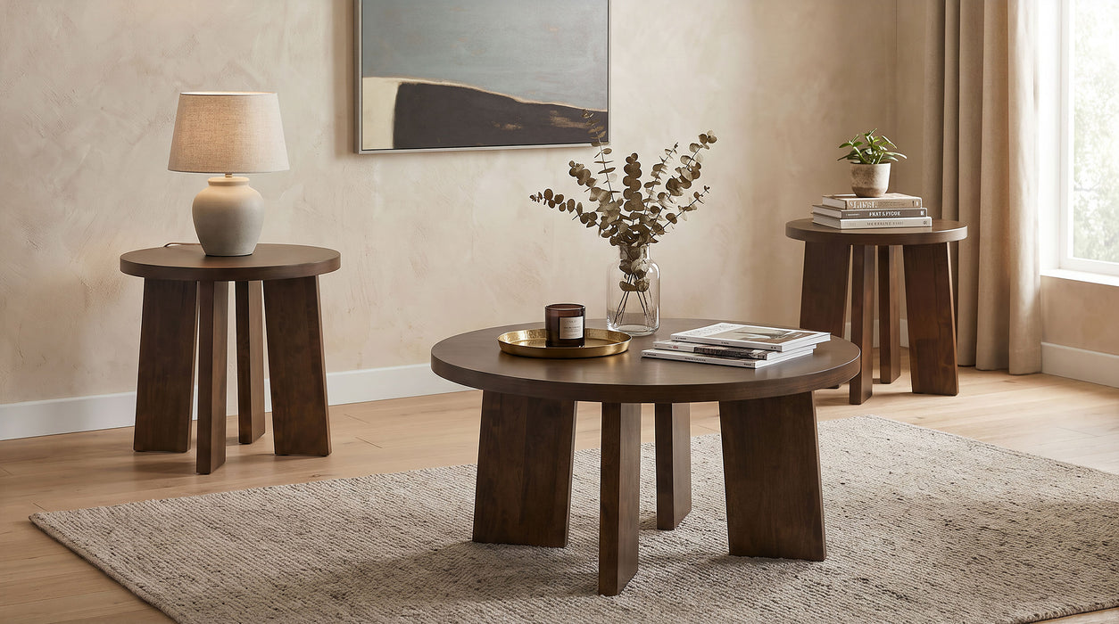 Strouse 3-Piece Round Coffee and End Table Set in Dark Walnut