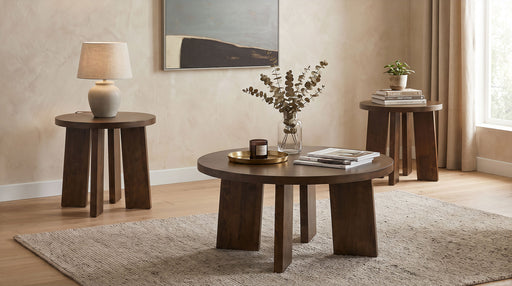 CoasterEveryday Strouse 3-piece round coffee and end table set in walnut finish