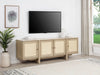 Kailani 79-inch beige oak 4-door cane TV stand media console by CoasterEveryday, featuring modern furniture with storage compartments.