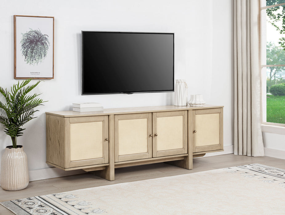 Kailani 79-inch beige oak 4-door cane TV stand media console by CoasterEveryday, featuring modern furniture with storage compartments.