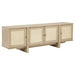 Beige oak CoasterEveryday Kailani 79-inch 4-door cane TV stand media console with storage compartments and modern design.