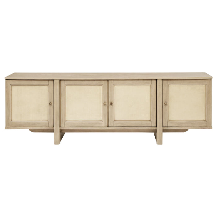 Kailani beige oak 79-inch 4-door cane TV stand and media console, modern furniture piece with storage compartments.