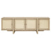 Kailani beige oak 79-inch 4-door cane TV stand and media console, modern furniture piece with storage compartments.