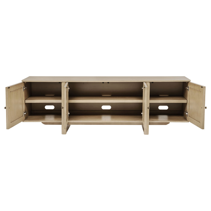 Kailani beige oak 79-inch 4-door cane TV stand media console with open shelving and storage compartments by CoasterEveryday