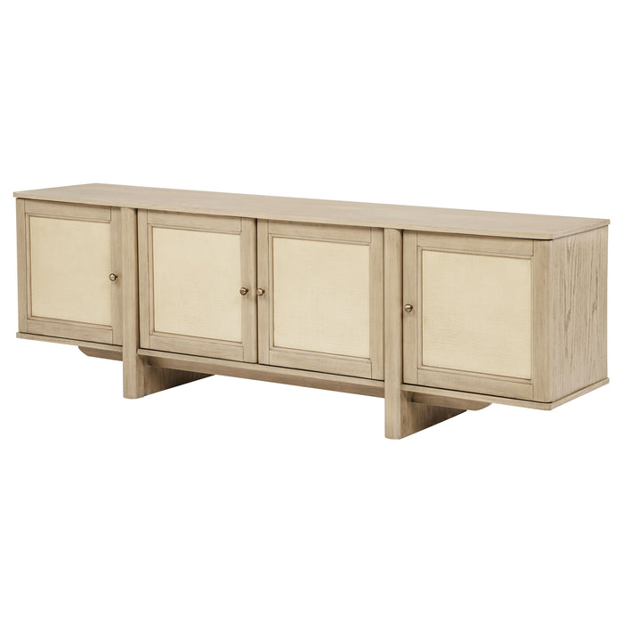 Beige oak Kailani 79-inch 4-door cane TV stand with media storage from CoasterEveryday, showcasing its stylish furniture design.