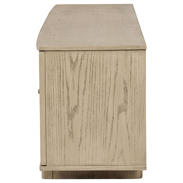 Kailani beige oak 79-inch 4-door cane TV stand media console by CoasterEveryday, featuring storage cabinets and open shelving.