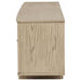 Kailani beige oak 79-inch 4-door cane TV stand media console by CoasterEveryday, featuring storage cabinets and open shelving.