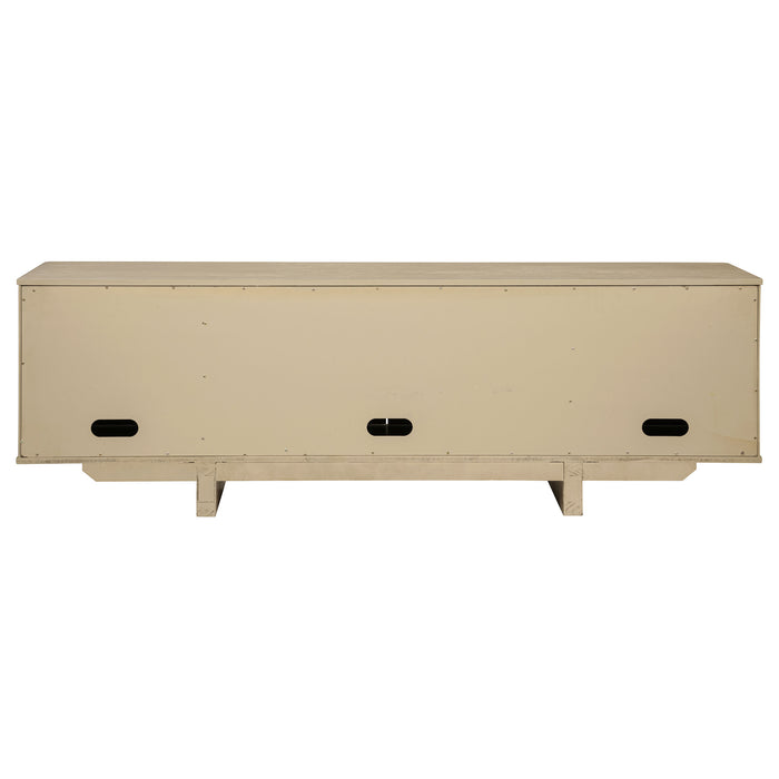 Beige oak Kailani 79-inch 4-door Cane TV stand by CoasterEveryday with open shelves and storage cabinets for media devices.