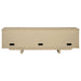 Beige oak Kailani 79-inch 4-door Cane TV stand by CoasterEveryday with open shelves and storage cabinets for media devices.