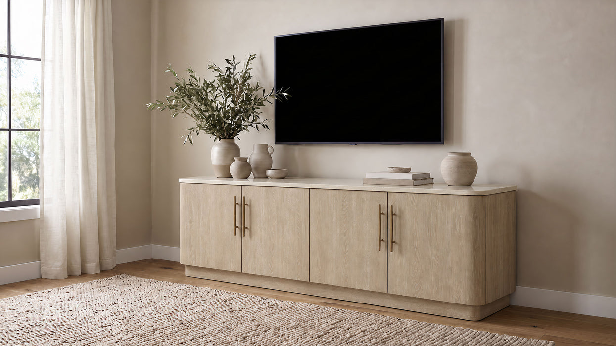Lucaire 4-door TV stand by CoasterEveryday in honed cream and sandstone, fits TVs up to 77 inches