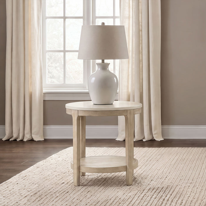 Lucaire round end table by CoasterEveryday with honed cream and sandstone cultured marble top