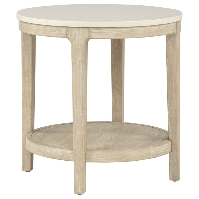 Lucaire round cultured marble top end table in honed cream and sandstone by CoasterEveryday