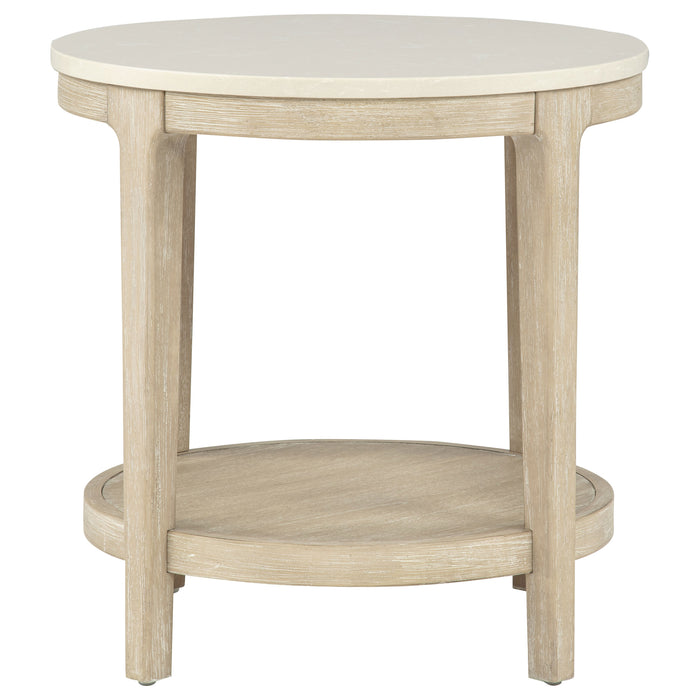 Lucaire round end table with honed cream and sandstone cultured marble top by CoasterEveryday
