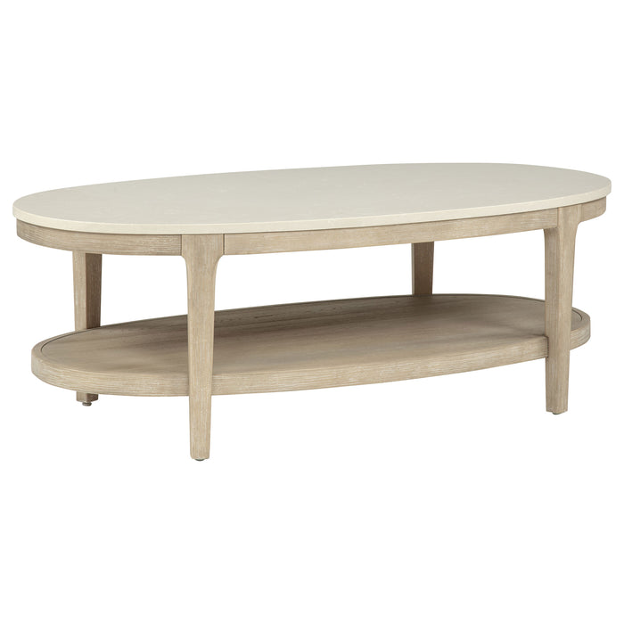 Lucaire oval coffee table with honed cream and sandstone cultured marble top by CoasterEveryday