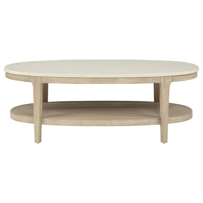 Lucaire oval coffee table by CoasterEveryday with honed cream and sandstone cultured marble top