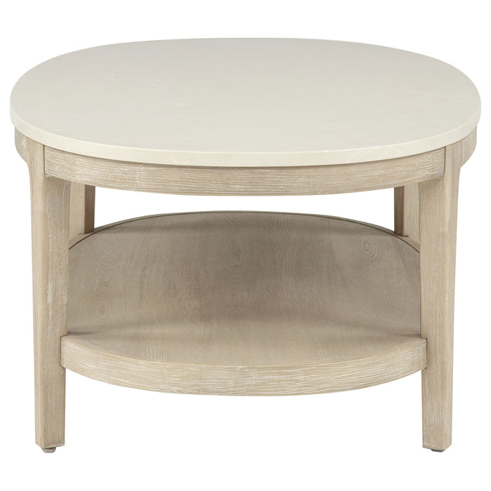 Lucaire oval coffee table with honed cream and sandstone cultured marble top by CoasterEveryday