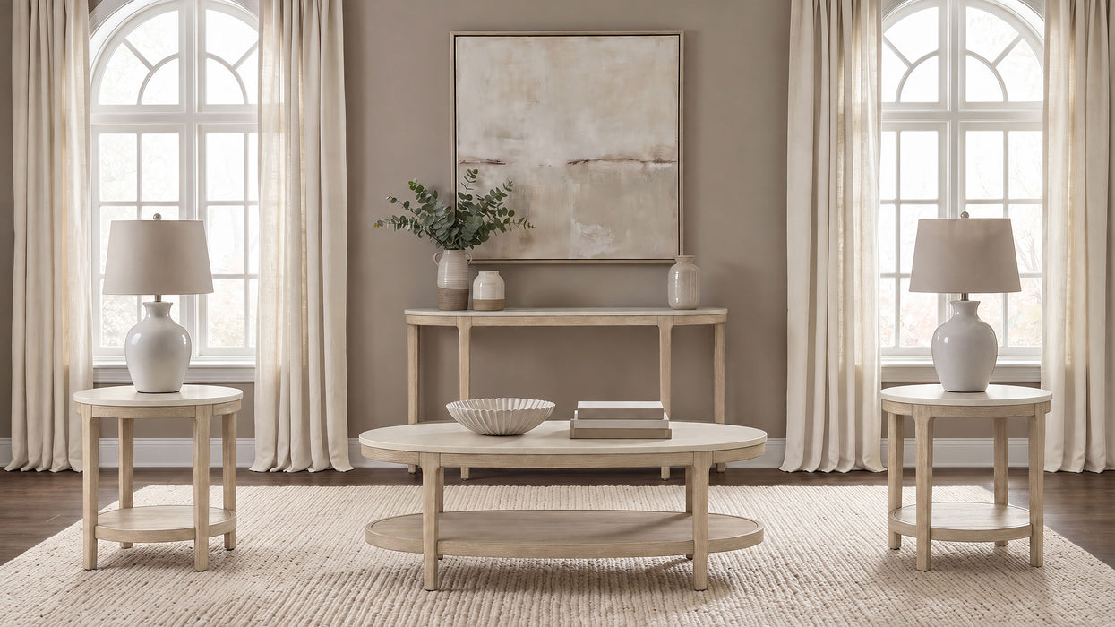 Lucaire oval coffee table with honed cream and sandstone cultured marble top by CoasterEveryday