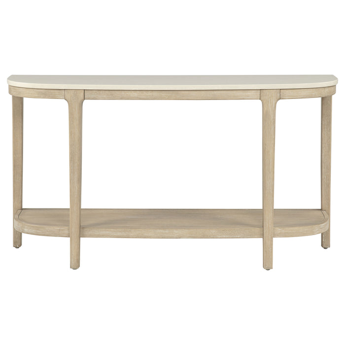 Lucaire oval console table by CoasterEveryday with honed cream and sandstone cultured marble top