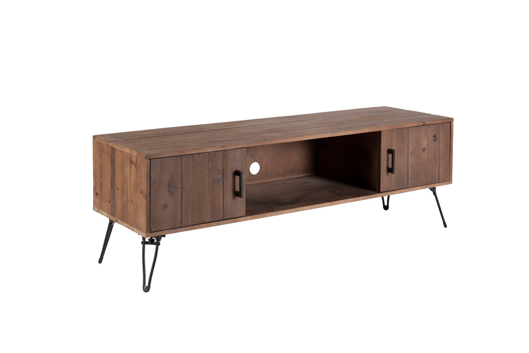 Giga industrial style reclaimed wood TV stand with storage cabinet for living room media setup, featuring natural wood finish.