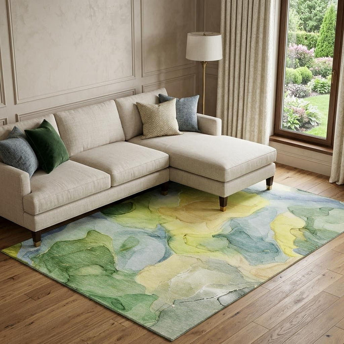 8' X 10' Abstract Washable Area Rug With UV Protection (646750) - Yellow / Blue / Beige