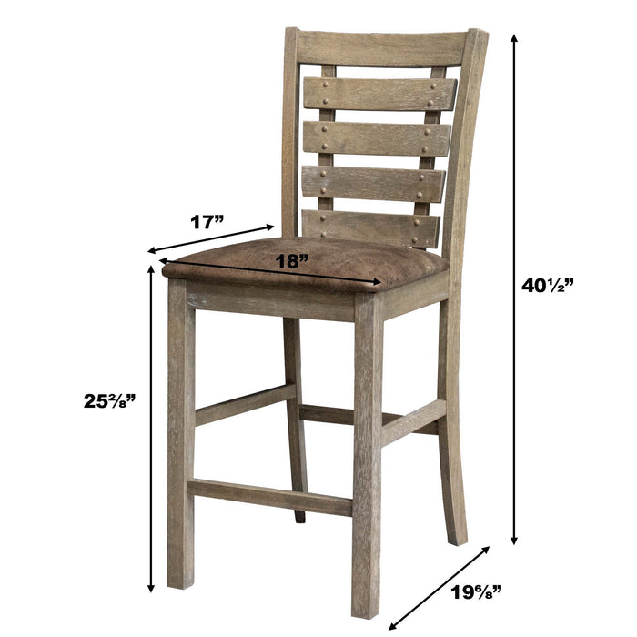 Set of two Giga dining counter height chairs with ladderback design, rustic distressed grayish brown finish, solid wood construction.