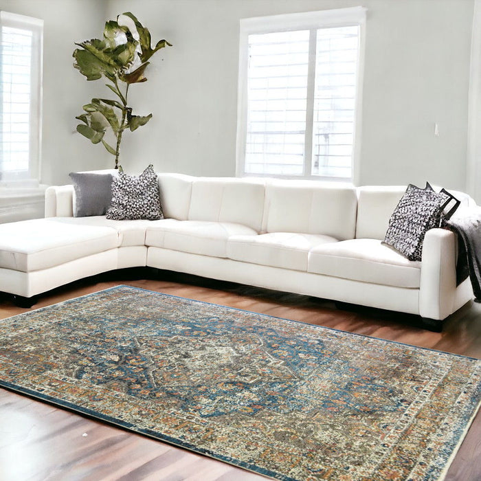 9' x 13' Oriental Distressed Area Rug With Fringe - Blue And Brown
