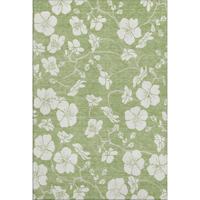 10' X 14' Floral Washable Area Rug With UV Protection (681005) - Artichoke Green / Ivory