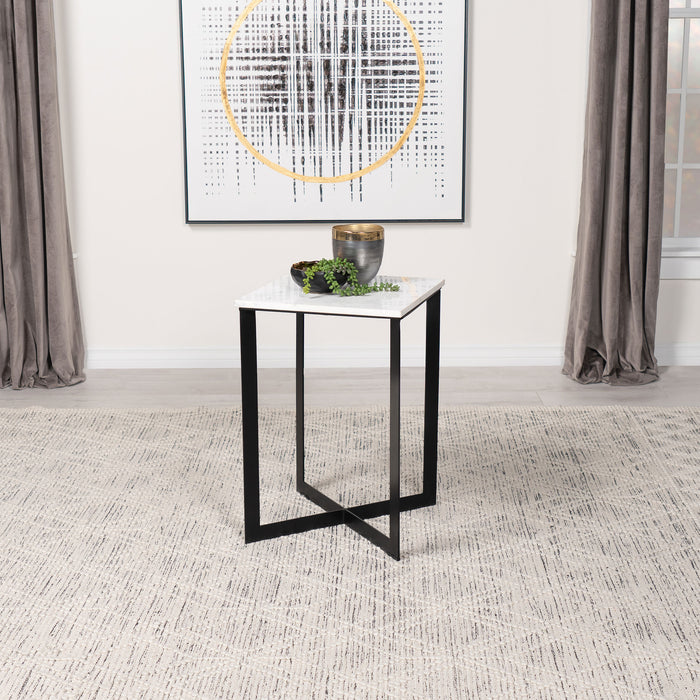 CoasterEveryday Tobin square end table with white marble top and black base