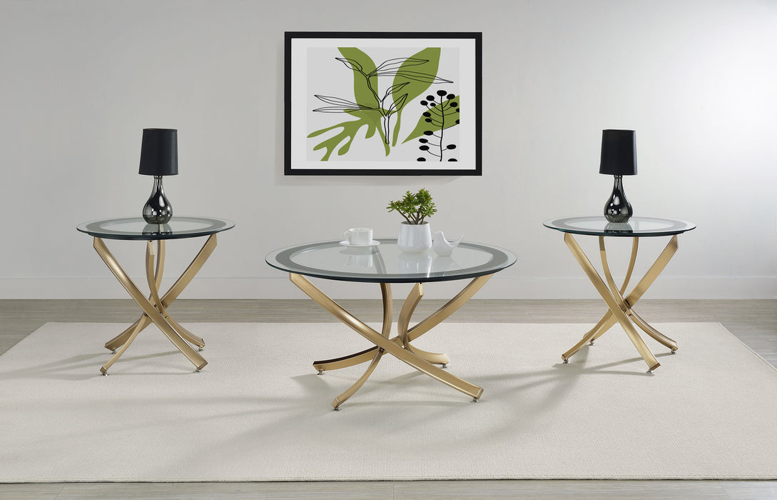 CoasterEveryday Brooke 3-piece round coffee and end table set in rose brass finish