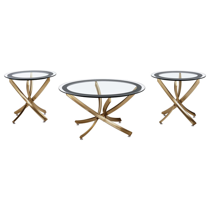 Brooke 3-piece round coffee and end table set in rose brass by CoasterEveryday
