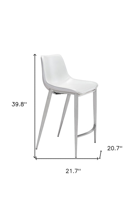 Set of two white and silver steel low back counter height bar chairs with modern design, perfect for kitchen or bar area.