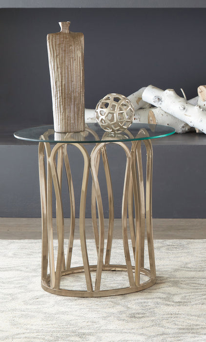 CoasterEssence Monett round glass top side end table with chocolate finish and chrome base