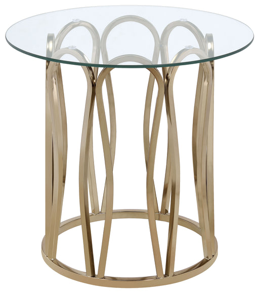 CoasterEssence Monett round side end table with chocolate finish and chrome frame, glass top