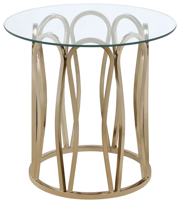 CoasterEssence Monett round side end table with chocolate finish and chrome frame, glass top