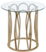 CoasterEssence Monett round side end table with chocolate finish and chrome frame, glass top