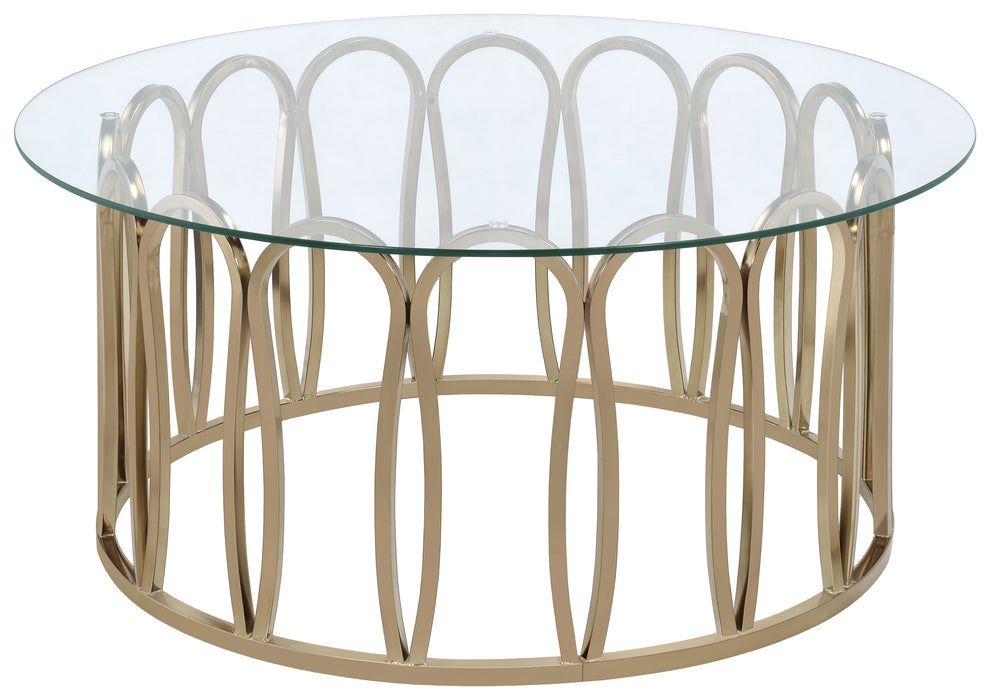CoasterEssence Monett round coffee table with glass top and chocolate chrome finish