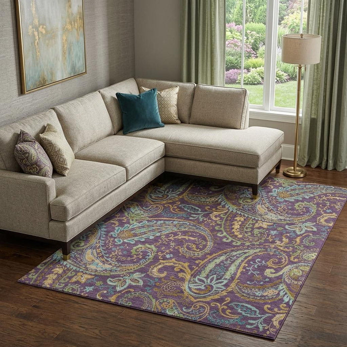 8' X 10' Paisley Washable Area Rug With UV Protection (647996) - Purple / Green / Blue