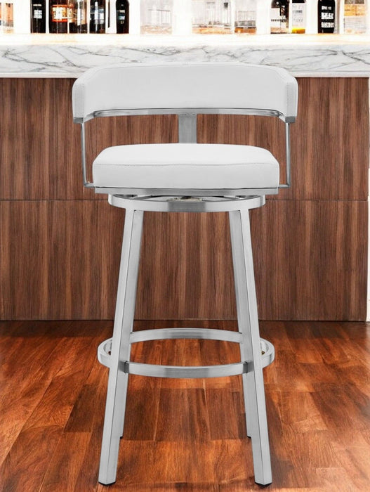 Faux Leather Stainless Steel Low Back Bar Height Swivel Bar Chair - White And Silver