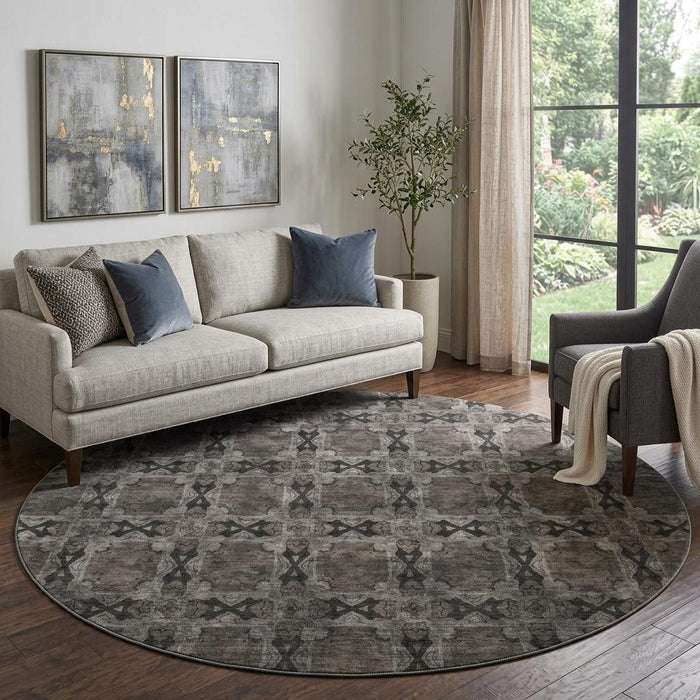 8' Floral Medallion Washable Round Rug With UV Protection (649483) - Gray / Charcoal