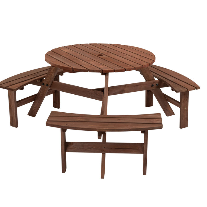 Giga 6-person circular outdoor wooden picnic table with three built-in benches, suitable for patio, backyard, garden.
