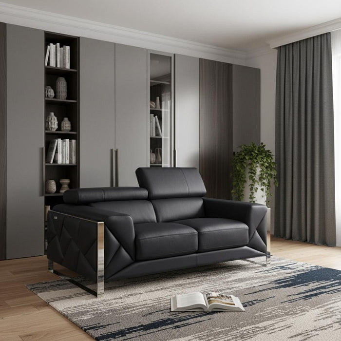 Italian Leather Loveseat - Black / Silver