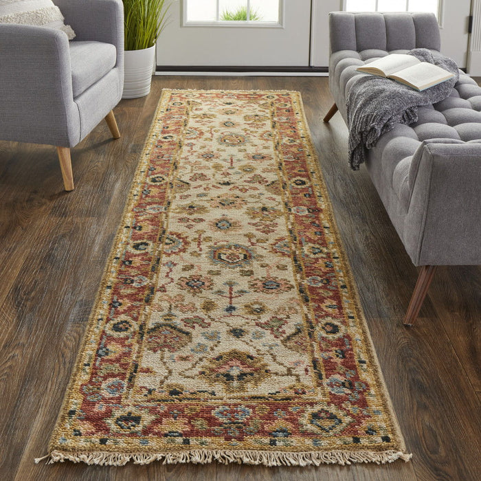8' Wool Floral Hand Knotted Stain Resistant Runner Rug - Ivory Red And Blue