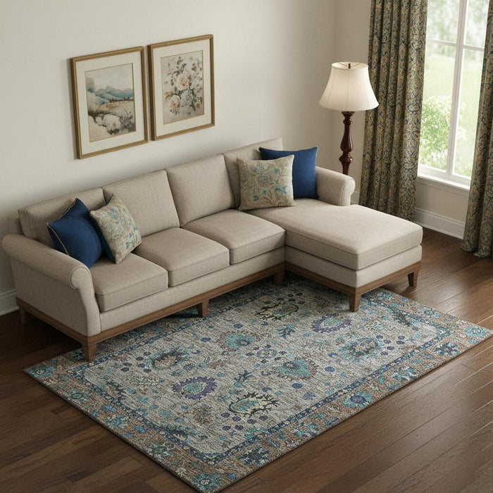 10' X 14' Oriental Washable Area Rug With UV Protection (717989) - Pewter / Teal