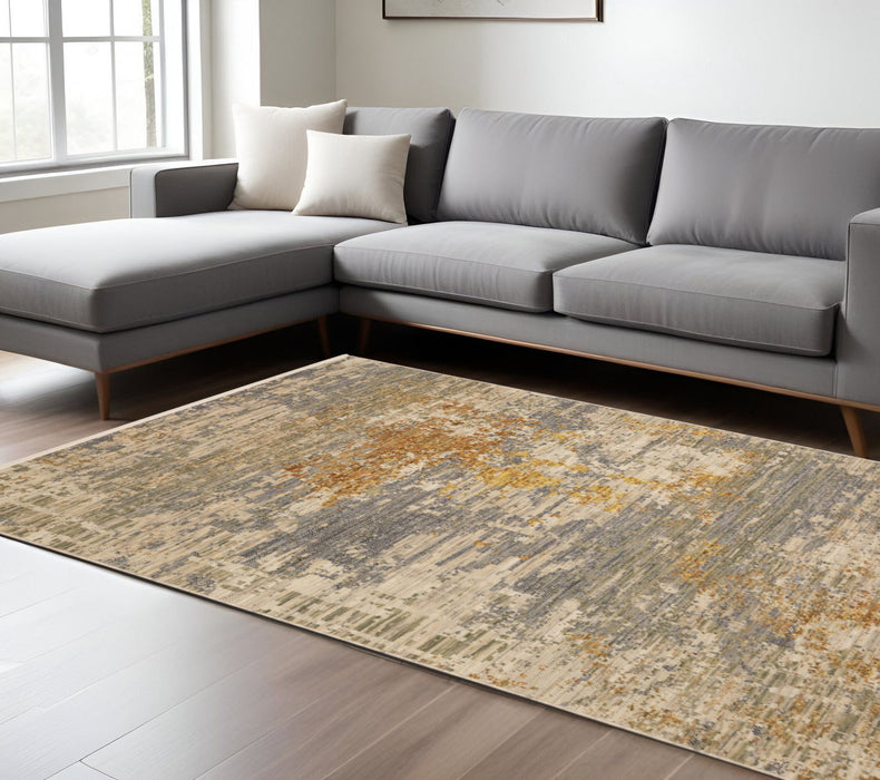 7' X 10' Abstract Area Rug With Fringe - Beige And Gold